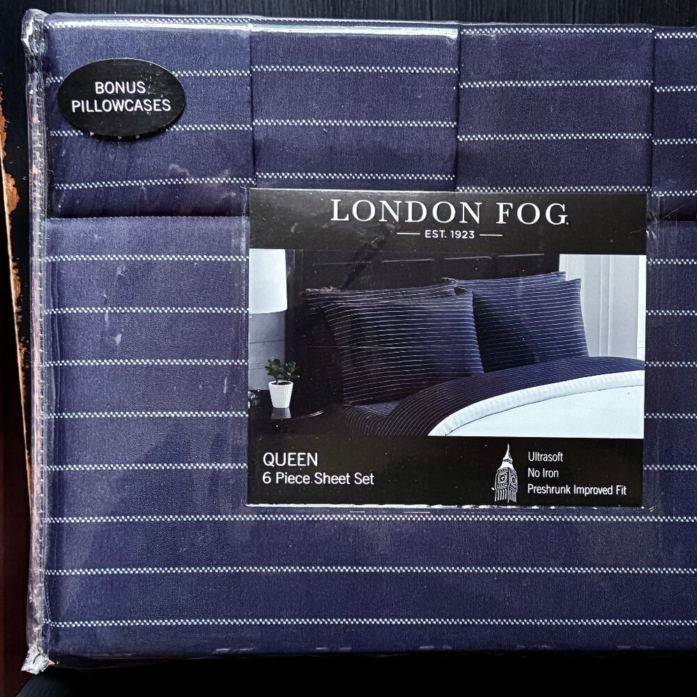 6-pc London Fog QUEEN SIZE Sheet Set NAVY BLUE PINSTRIPE (2 extra pillowcases)